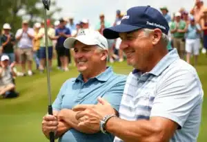 A father and son celebrating after a successful golf shot at the PNC Championship.