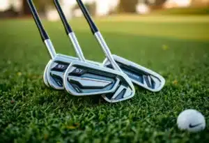 Close-up of Callaway Elyte family irons on a golf course