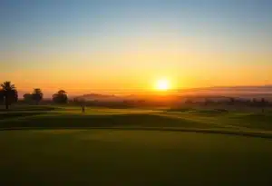 An expansive golf course with lush greens and sunset backdrop