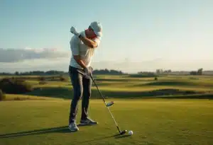 Golfer testing cutting-edge golf equipment on the course.