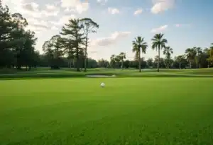 Close up of a beautiful golf course showcasing lush fairways and desert flora