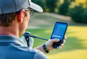 Golfer utilizing new golf technology on course