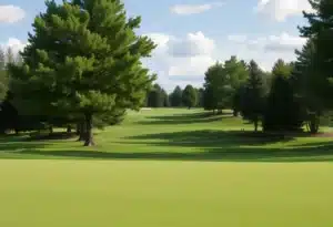 Close up view of a stunning golf course with vibrant green grass and clear blue skies.