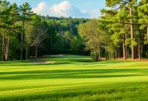 Close-up view of a beautiful golf course with green fairways