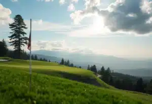 Close up of a beautiful golf course with lush greens.