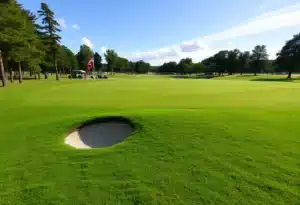 Close-up view of a beautiful golf course featuring lush green fairways and a serene landscape.