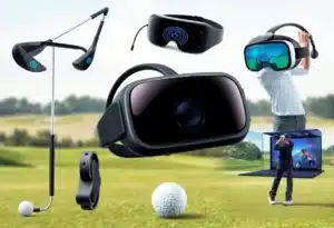 Collage of new golf technology including smart golf clubs and wearables
