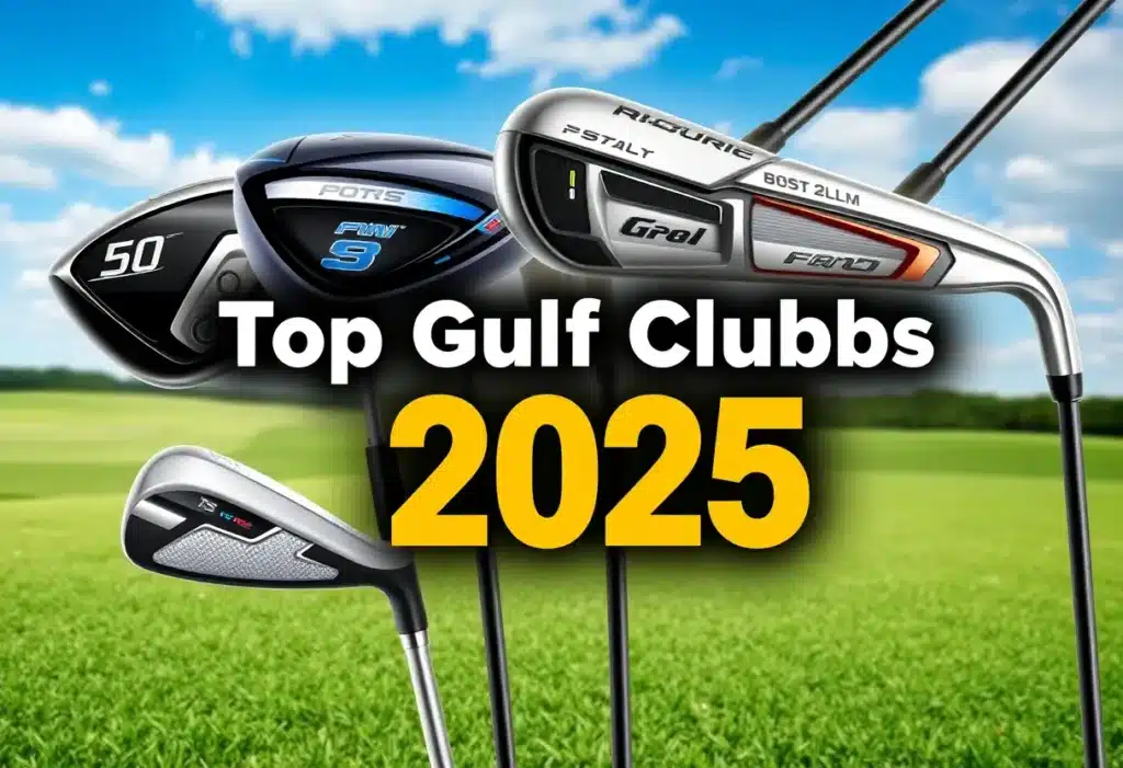 A collection of the best golf clubs of 2025 displayed in a scenic golf course setting.